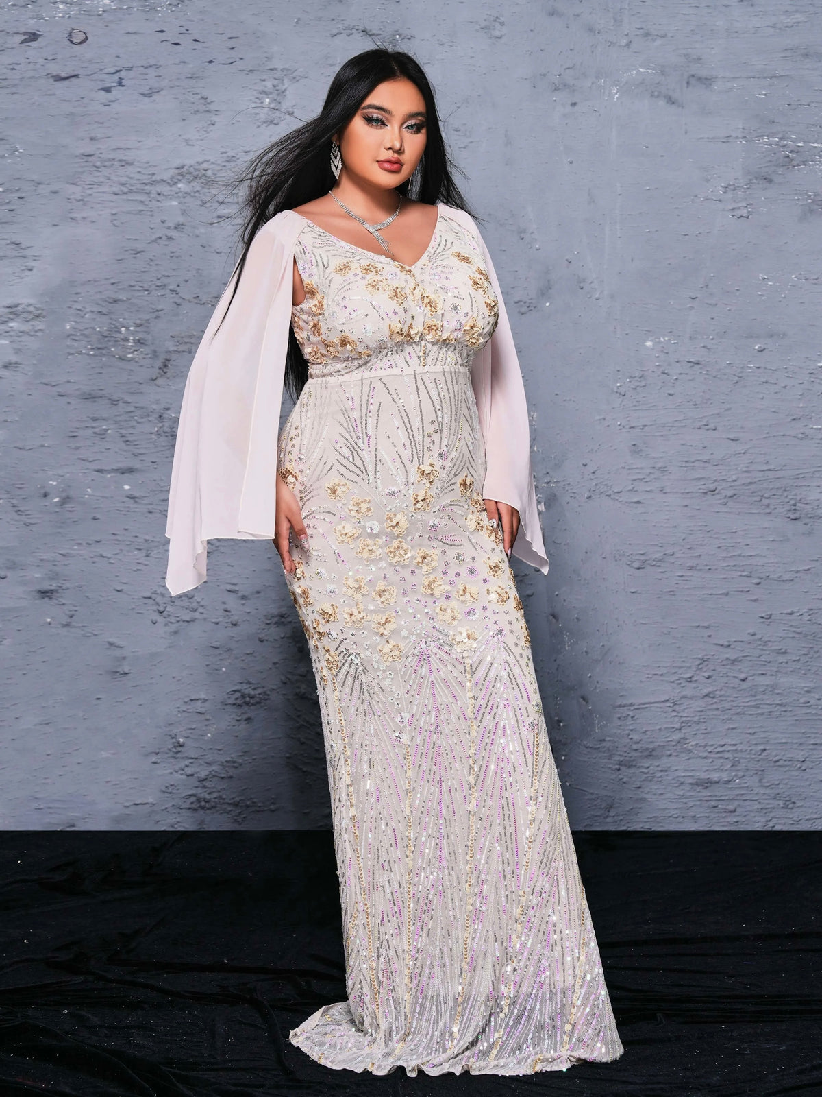 FZ Women's Plus Size V Neck Sequin Mermaid Floor Length Evening Dress