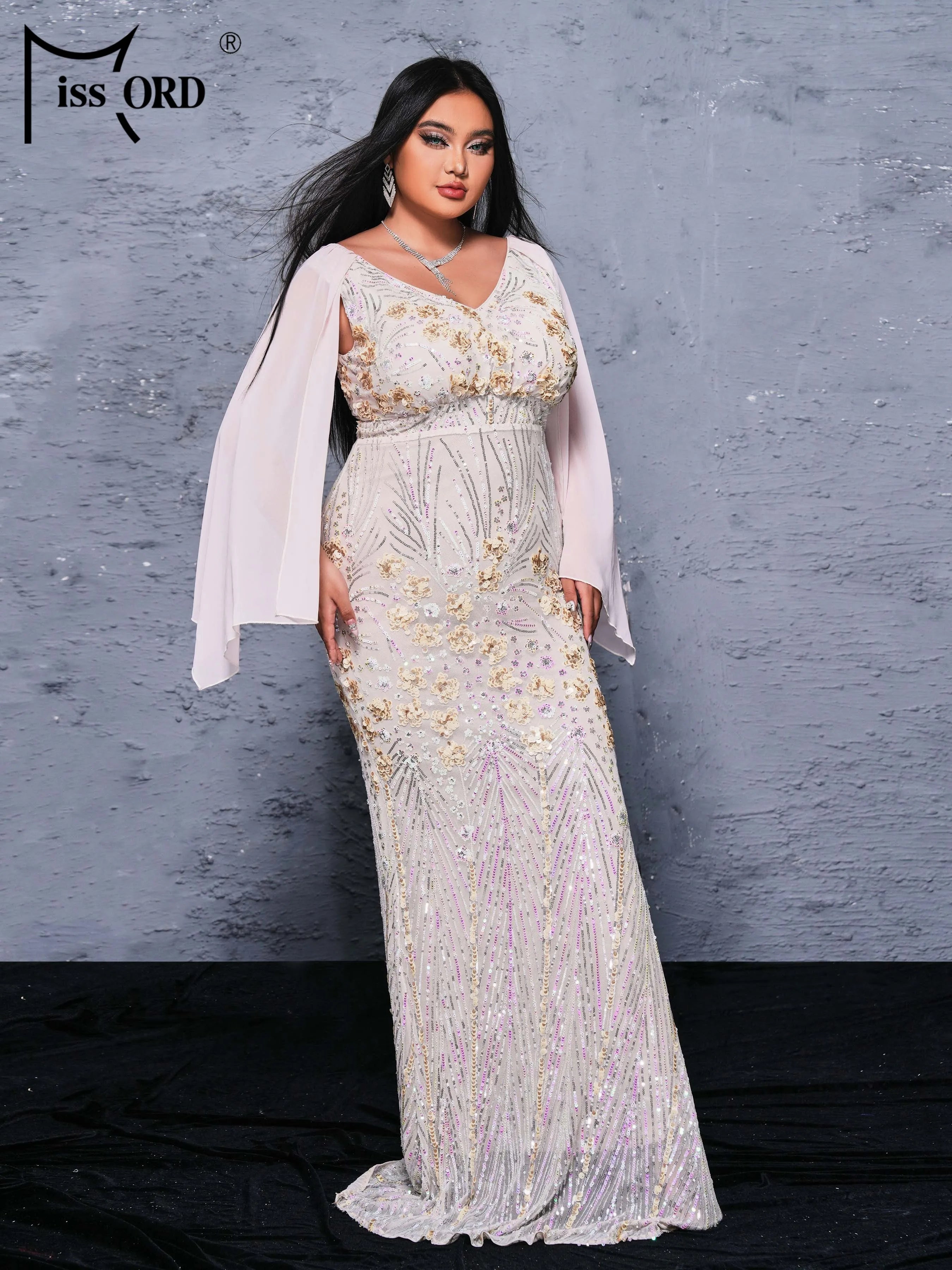 FZ Women's Plus Size V Neck Sequin Mermaid Floor Length Evening Dress