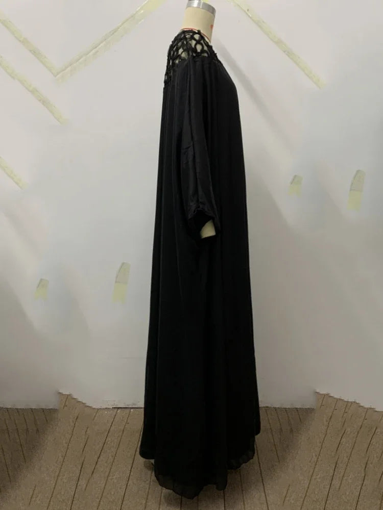 FZ Women Batwing Sleeves Loose Jacquard See-Through Shoulder Maxi Dress