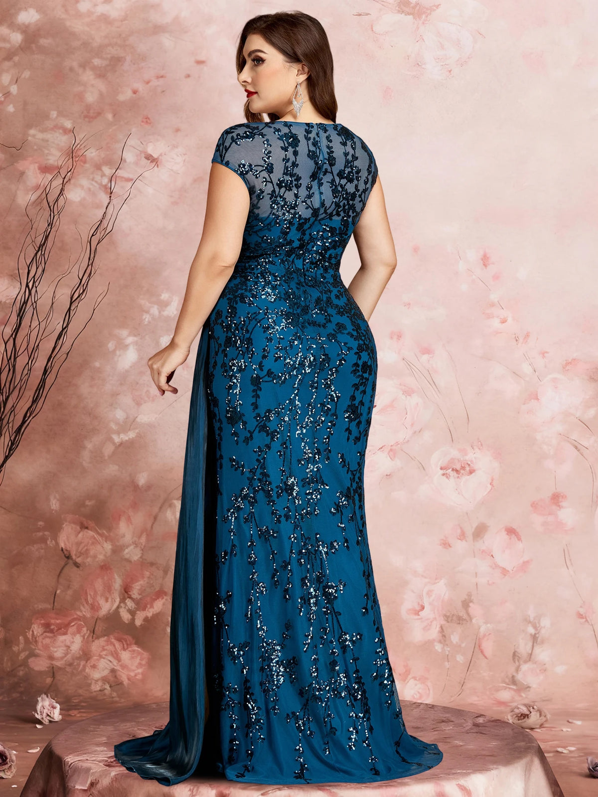 FZ Women's Plus Size Cap Sleeves Sequins Patchwork Evening Dress