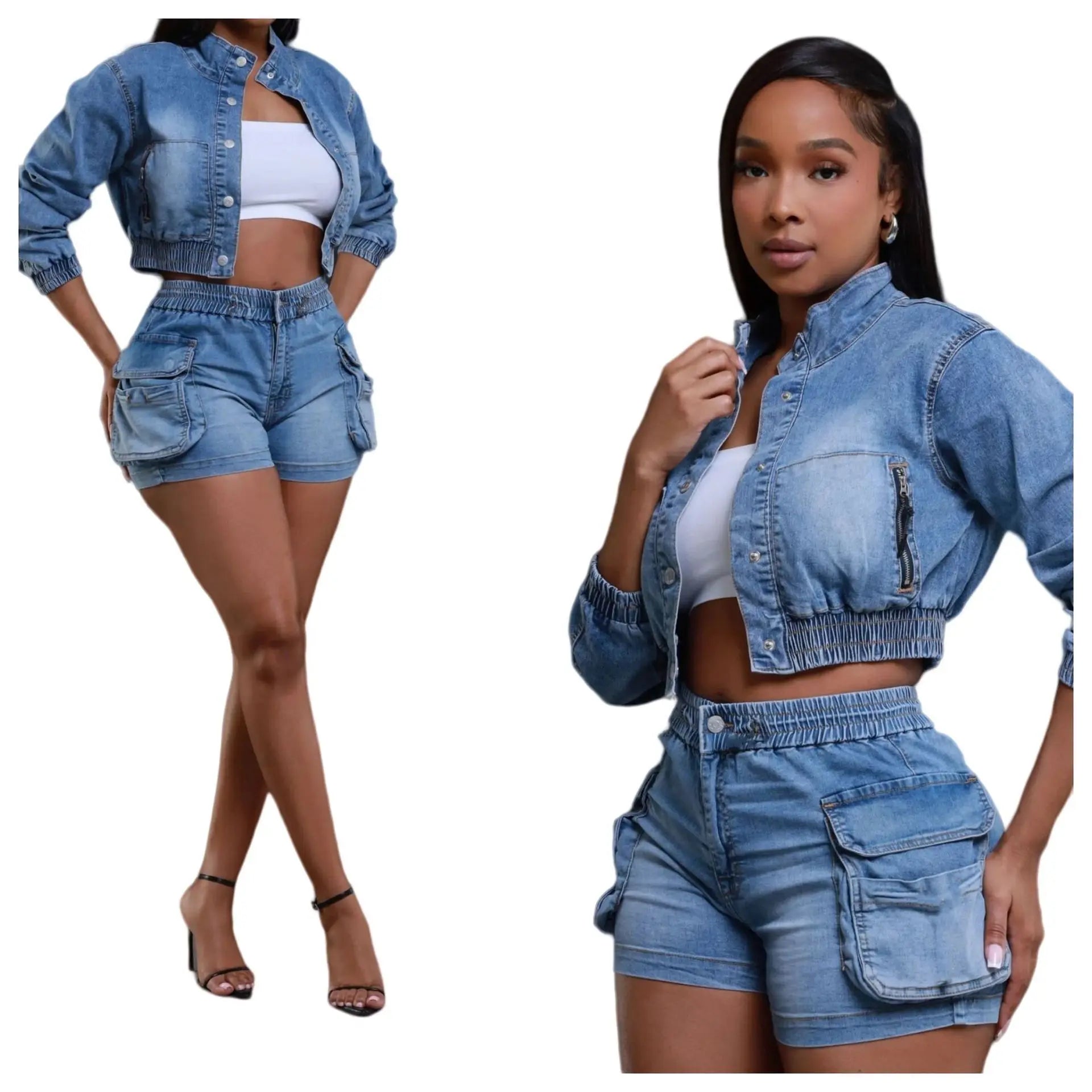 FZ Women's Multi Pockets Two Pieces Denim Shorts Suit
