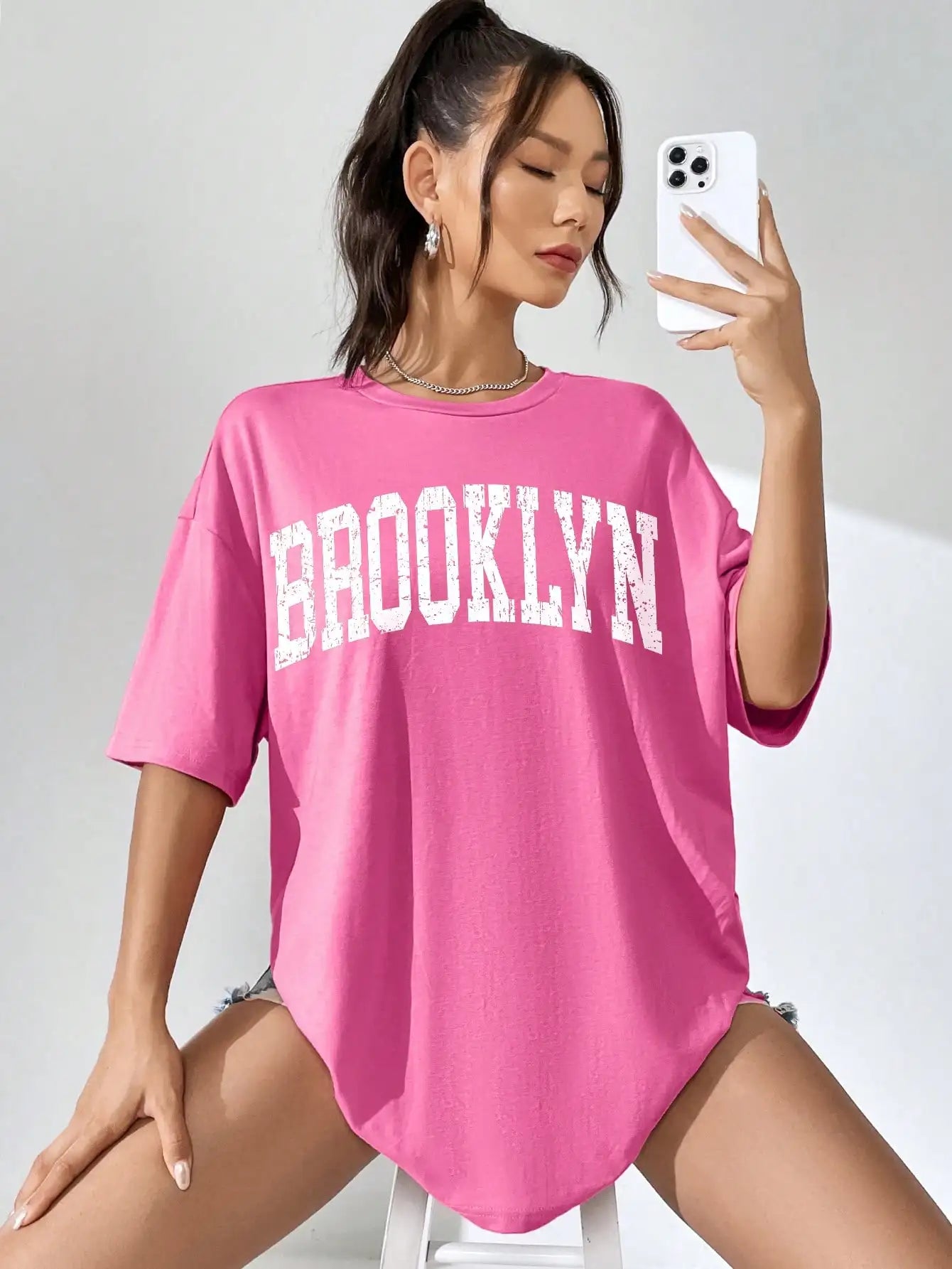 FZ Women's Brooklyn New York Classic Letters Print Loose Oversized Breathable Tee