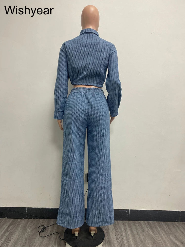 FZ Women's Elegant Denim Two Piece Drawstring Wide Leg Pants Suit - FZwear