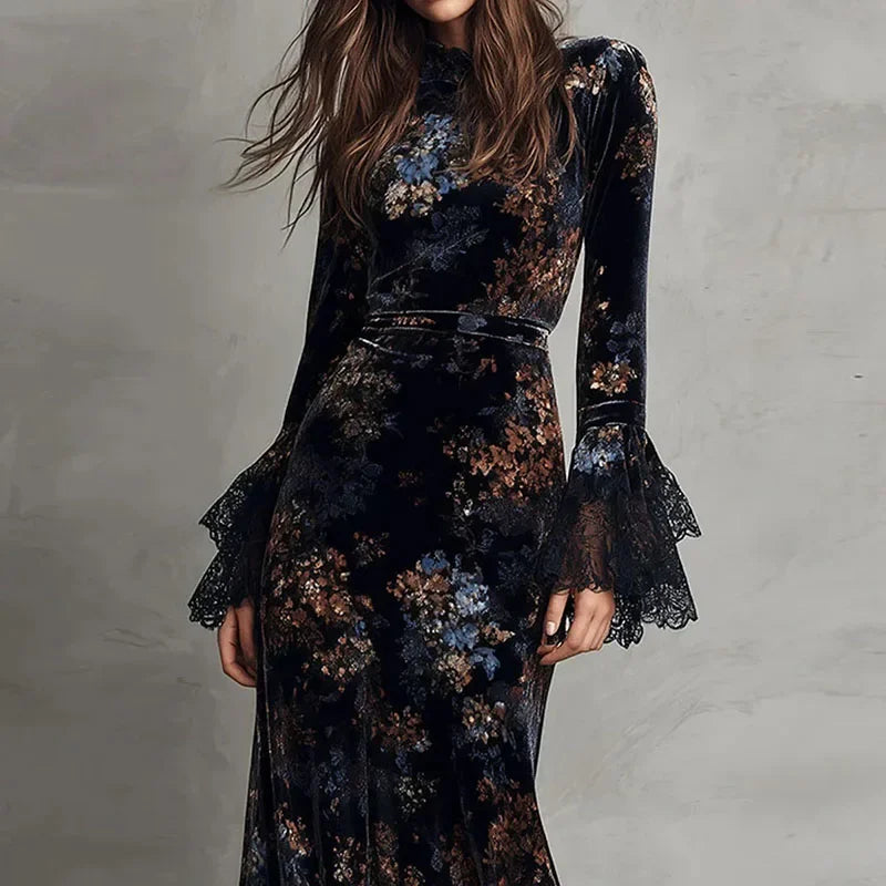 FZ Women's Retro Floral Print Velvet O Neck High Waist Evening Dress