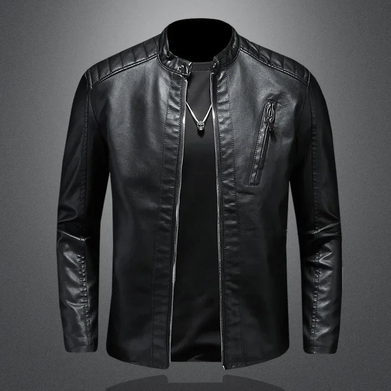 FZ Men's Standing Collar Faux Leather Slim Fit Jacket