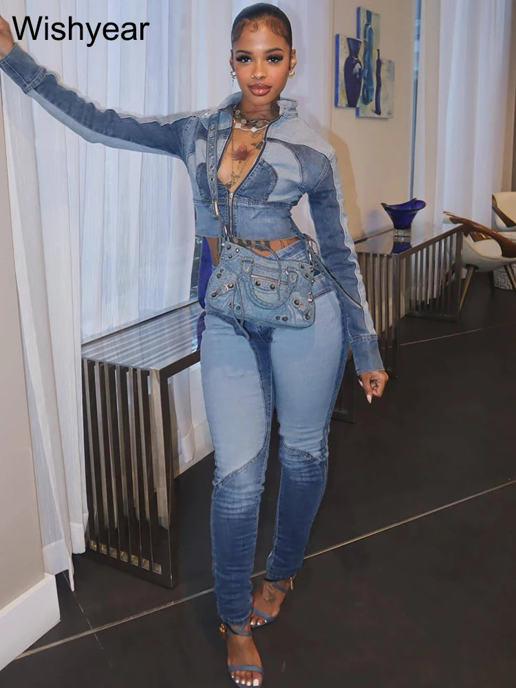 FZ Women's Vintage Patchwork Pencil 2 Piece Denim Pants Suit