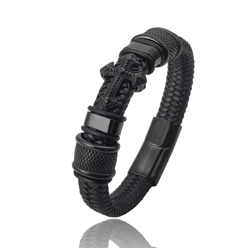 FZ Men's Hand-woven Rope Multi-layer Stainless Steel Leather Cross Bracelet