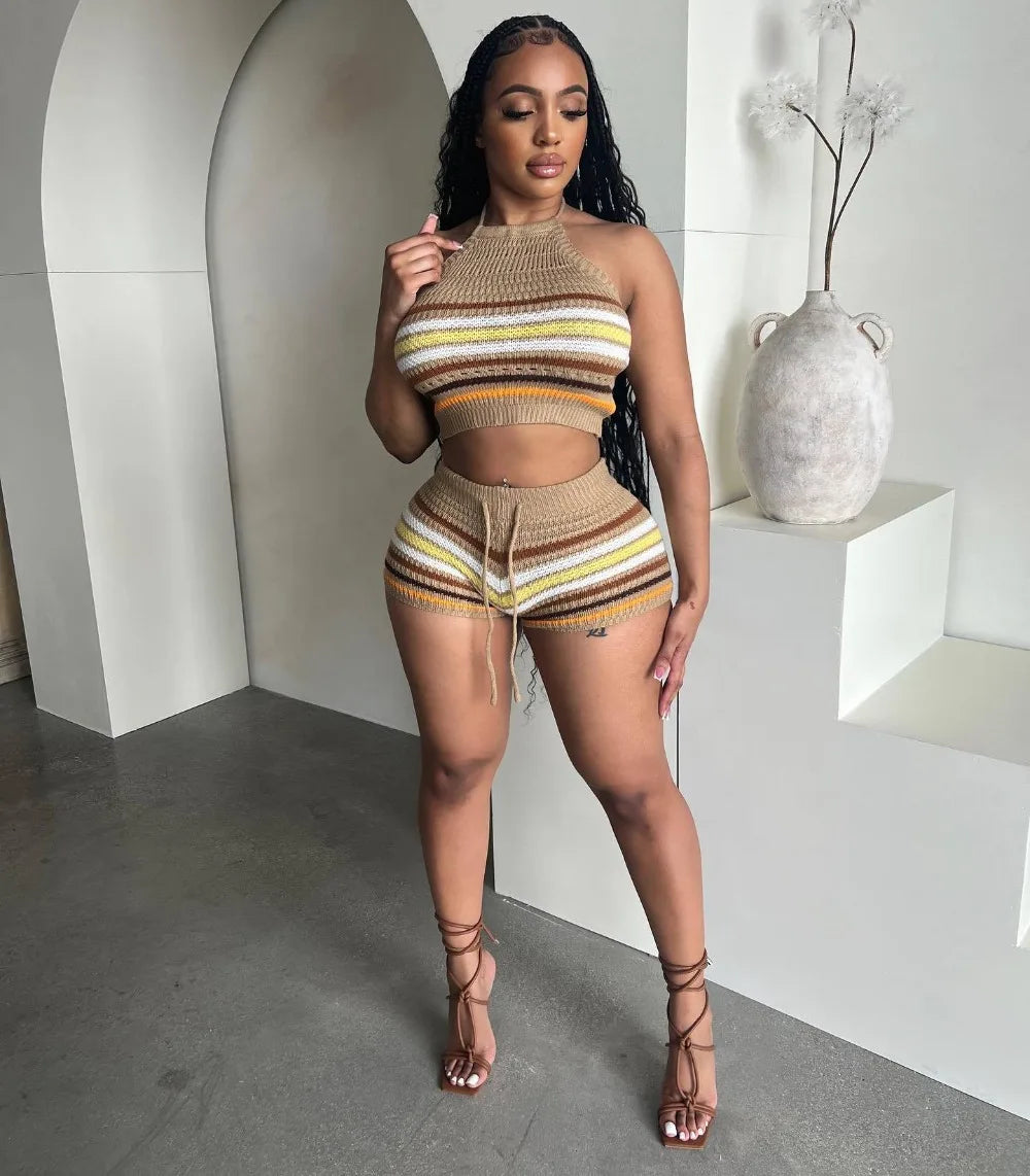 FZ Women's Sweet Stripe Print Knitting Two Piece Backless Shorts Suit - FZwear