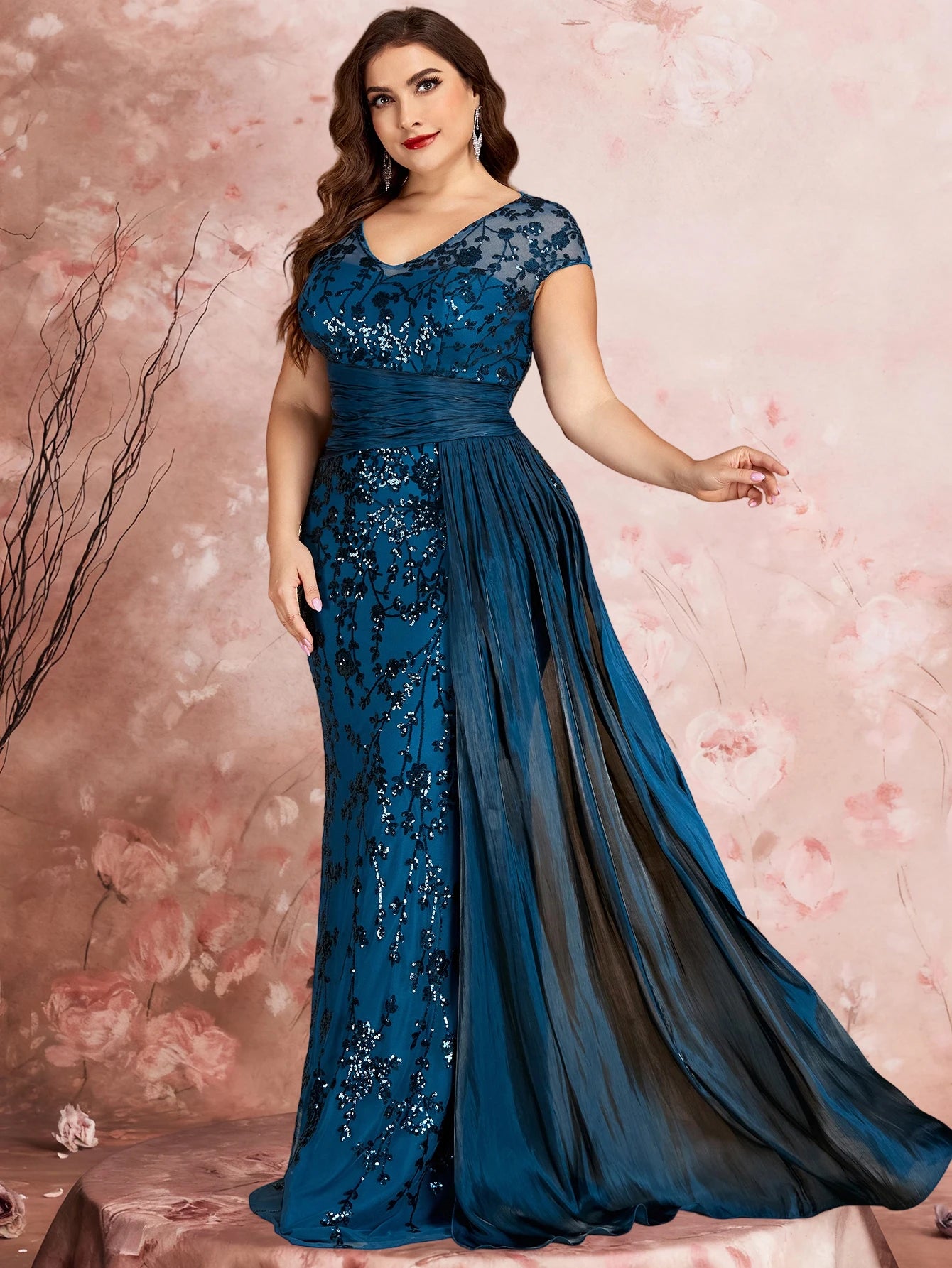 FZ Women's Plus Size Cap Sleeves Sequins Patchwork Evening Dress
