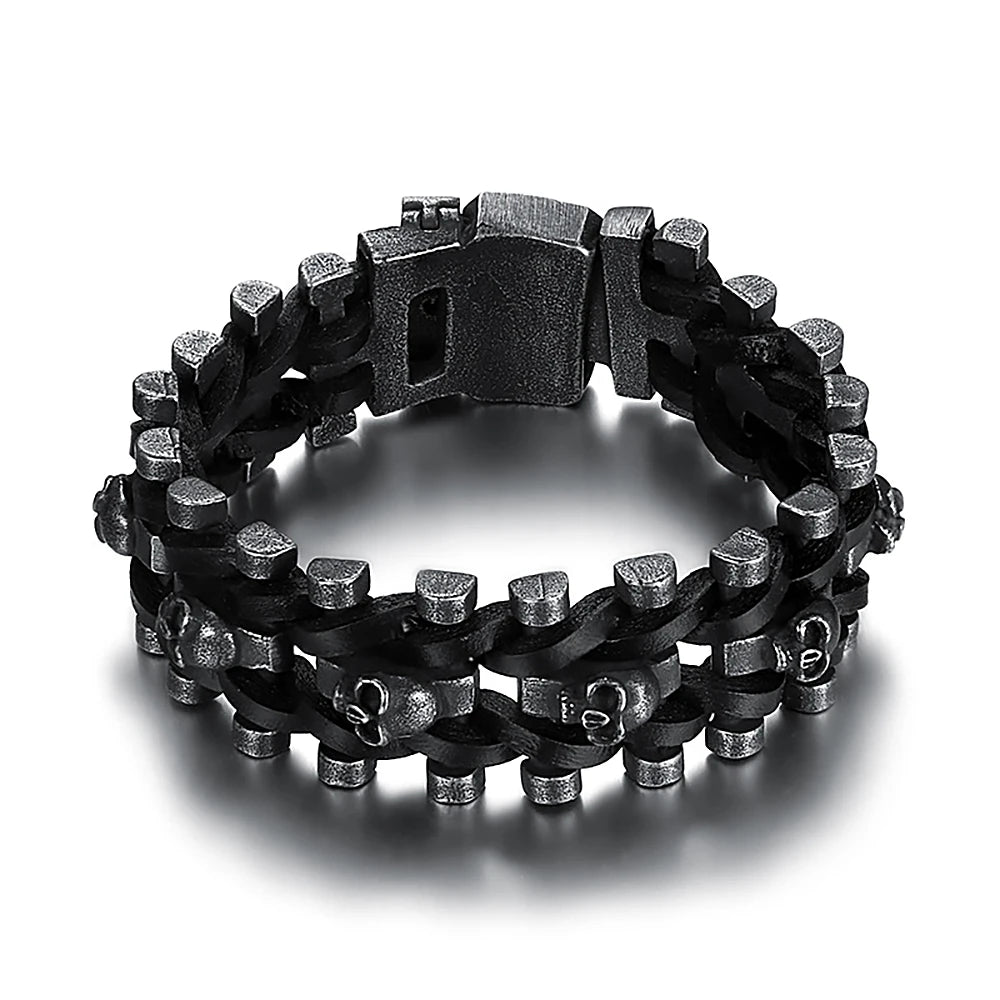 FZ Black Skull Braided Leather Stainless Steel Cool Skull Bracelet