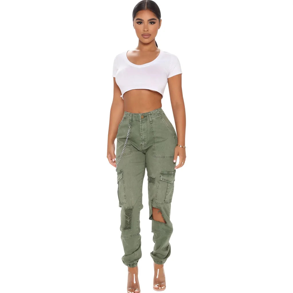 FZ Women's Hollow Out Ripped High Waist Stretch Camouflage Denim Pants - FZwear