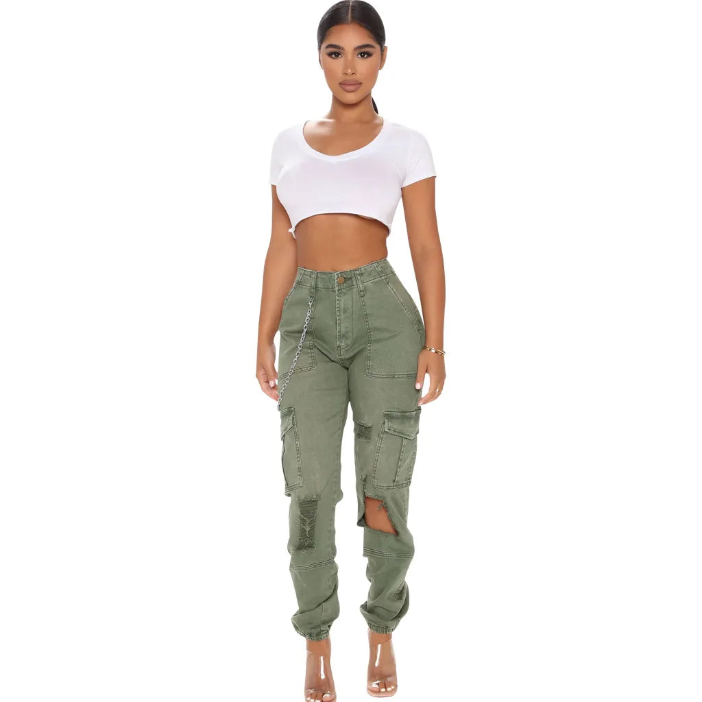 FZ Women's Hollow Out Ripped High Waist Stretch Camouflage Denim Pants