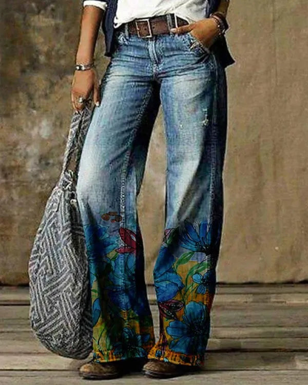FZ Women's Street Retro Butterfly Printed Loose Oversized Flare Denim Pants - FZwear