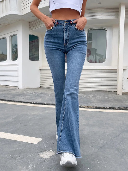 Benuynffy Button Fly Women's Raw Hem Flare Jeans Autumn Fashion Woman Denim Pants Jean Femme High Waist Full Length Slim Jeans FZwear