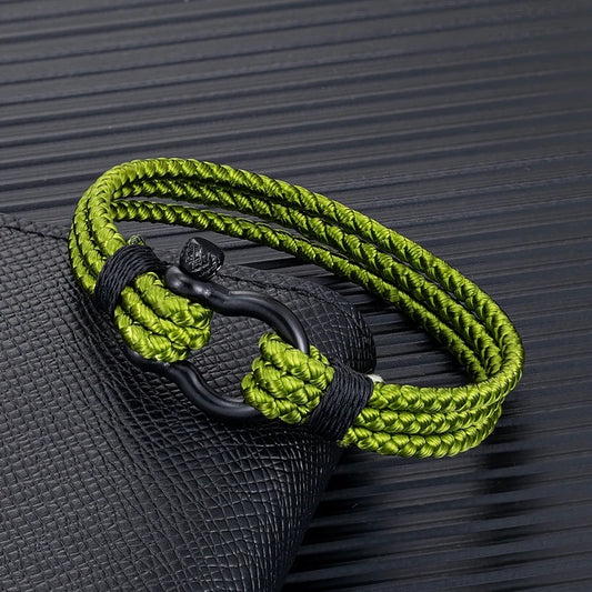 FZ Black Stainless Steel Horseshoe Buckle Olive Green Keel Rope Bracelet - FZwear