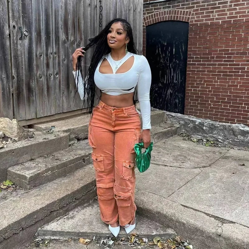 FZ Women's High Waist Loose Straight Denim Cargo Pants - FZwear