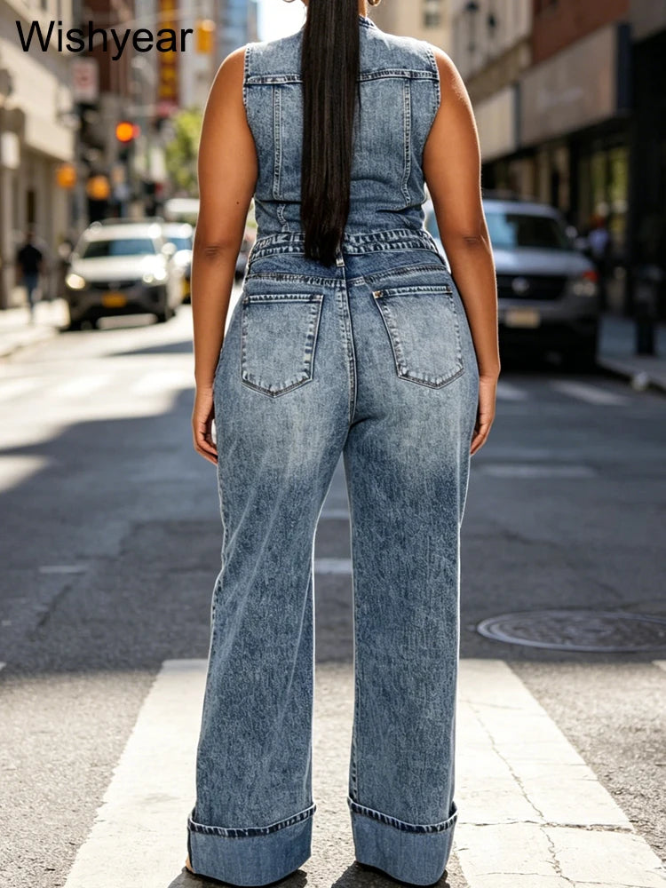FZ Women's High Waist Wide Leg Cuffed Hem Button Front Sleeveless Denim Jumpsuit