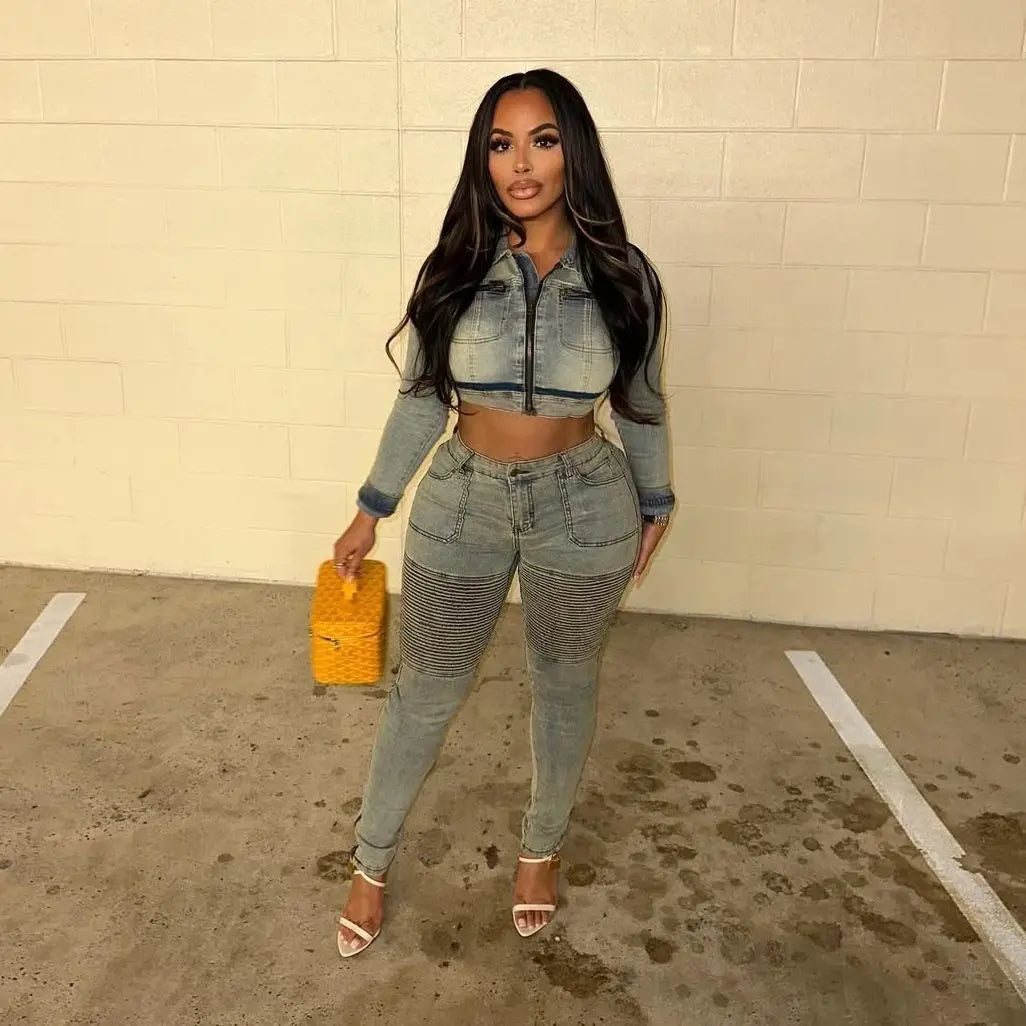 FZ Women's  Y2K Streetwear Pencil Two Piece Denim Pants Suit
