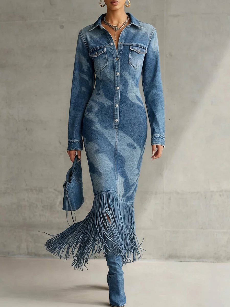 FZ Women's Vintage Blue Camo Denim Print Midi Dress
