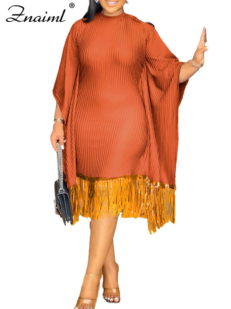 FZ Women's Batwing Sleeve Tassel Slim Midi Evening Dress