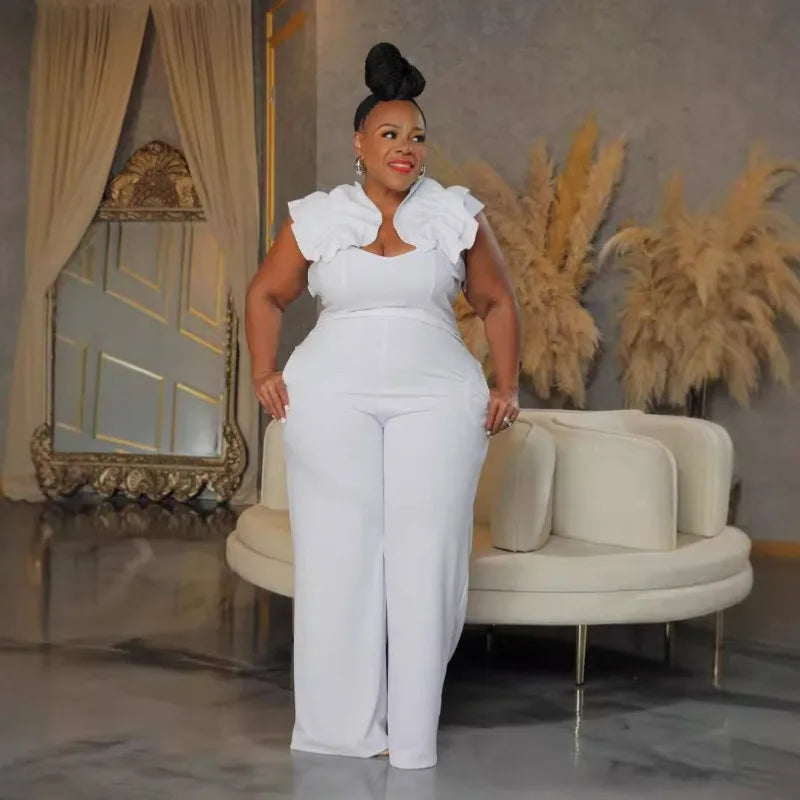 FZ Women's Plus Size V-Neck Sleeveless Wide Leg Streetwear One Piece Jumpsuit