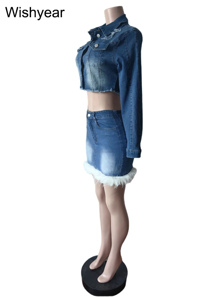 FZ Women's Stretch Feather Patchwork  2 Piece Denim Skirt Suit