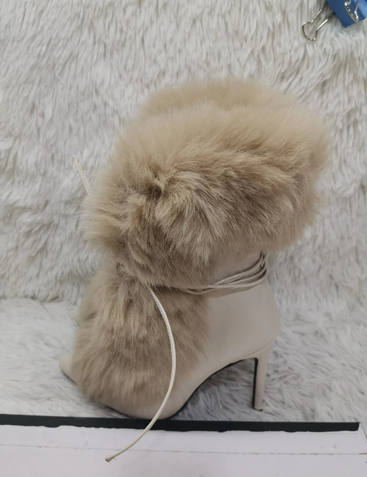 FZ Women's Stiletto Heels Ankle Straps Pointed Toe Fur Mid Calf Boots