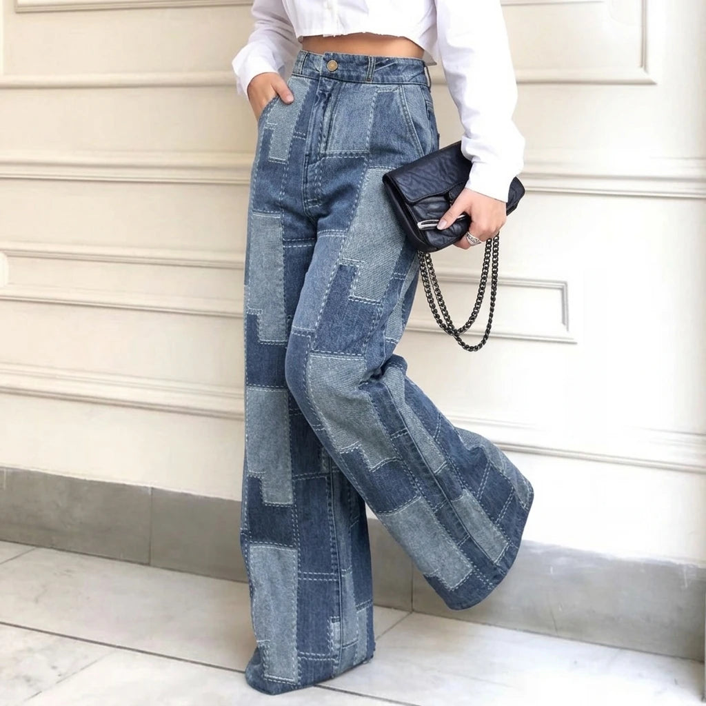 FZ Women's Plaid Contrast Loose Buttoned High Waist Wide Leg Imitation Denim Pants