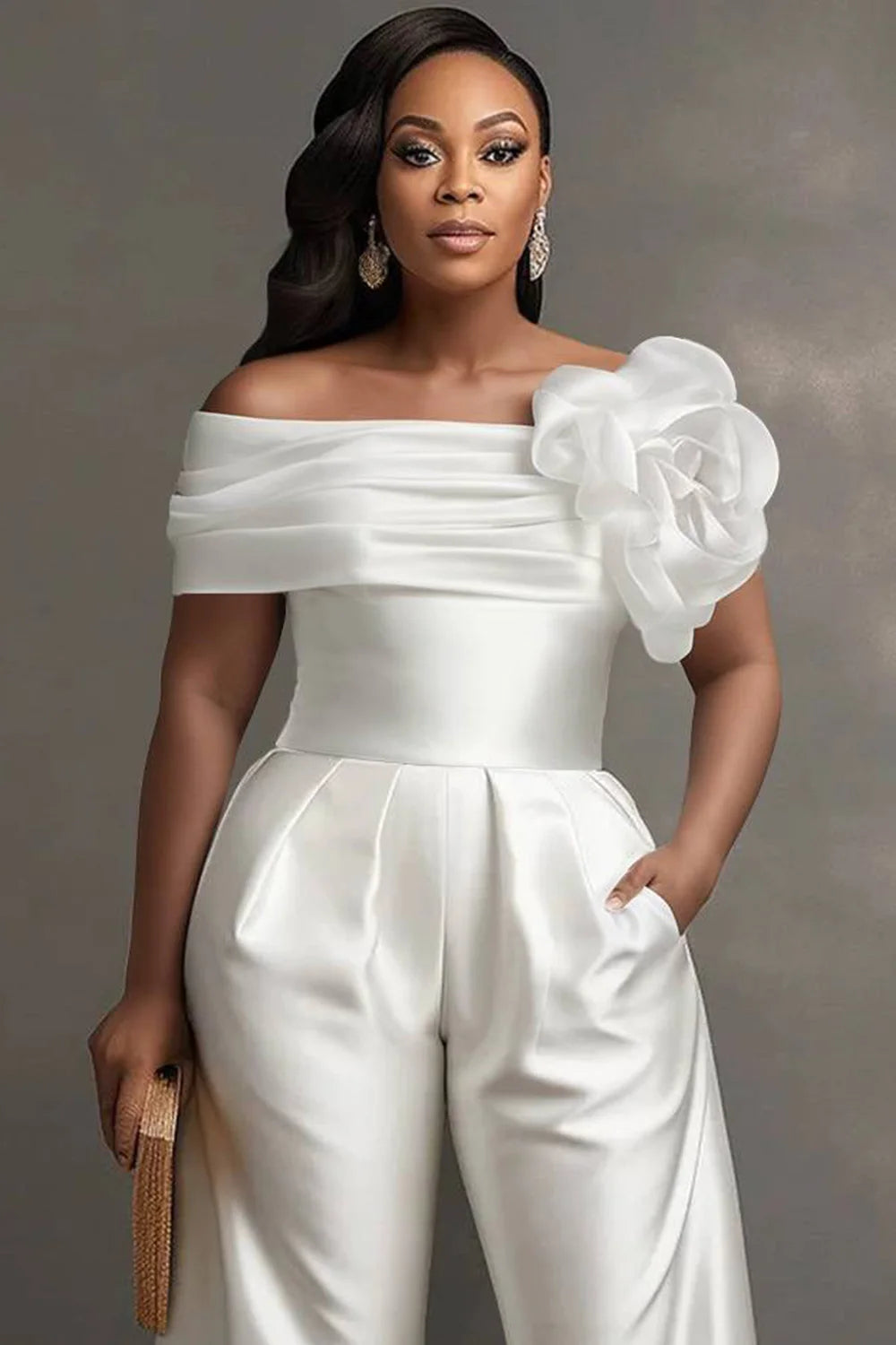 FZ Women's Plus Size Off The Shoulder 3D Pocket Satin Jumpsuit