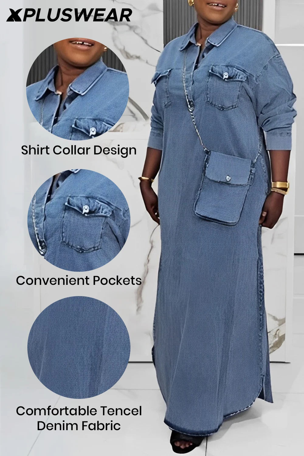 FZ Women's Plus Size Shirt Collar Long Sleeve Button Pocket Maxi Denim Dress