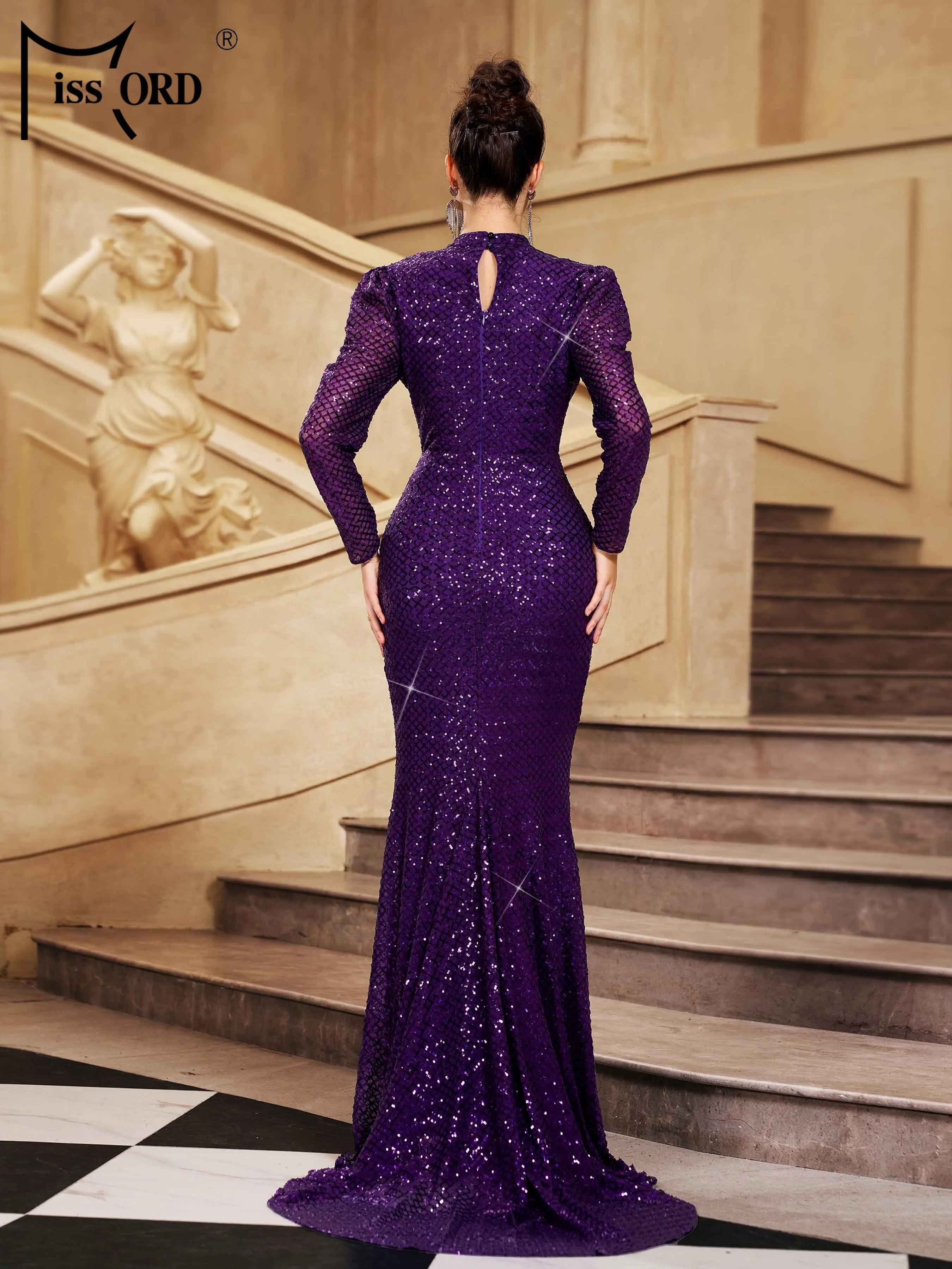 FZ Women's New Round Neck Long Sleeved Sequin Mermaid Evening Dress