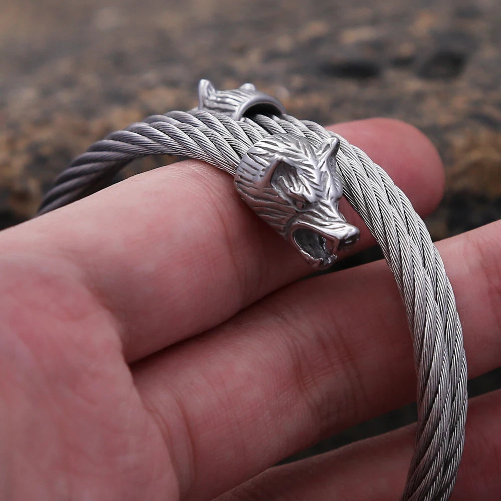 FZ Norse Viking Double Wolf Head Biker Stainless Steel Vintage Bracelet