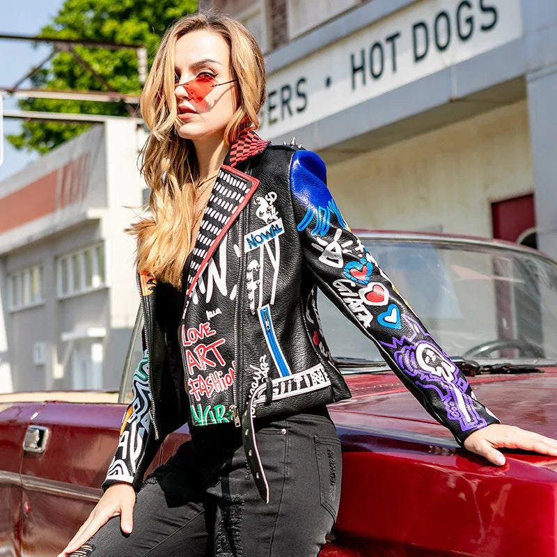 FZ Women's Spring Printed Pu Motorcycle Wear Leather Punk Rock Jacket