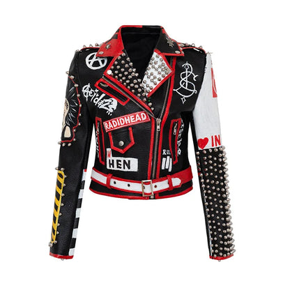 FZ Women's Printed Willow Pin Coat Short Punk Rock Pu Leather Jacket - FZwear