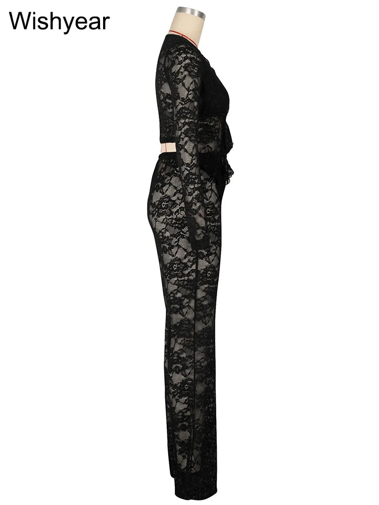 FZ Women's Black Lace Long Sleeve Stretch Flare Two Piece Pants Suit