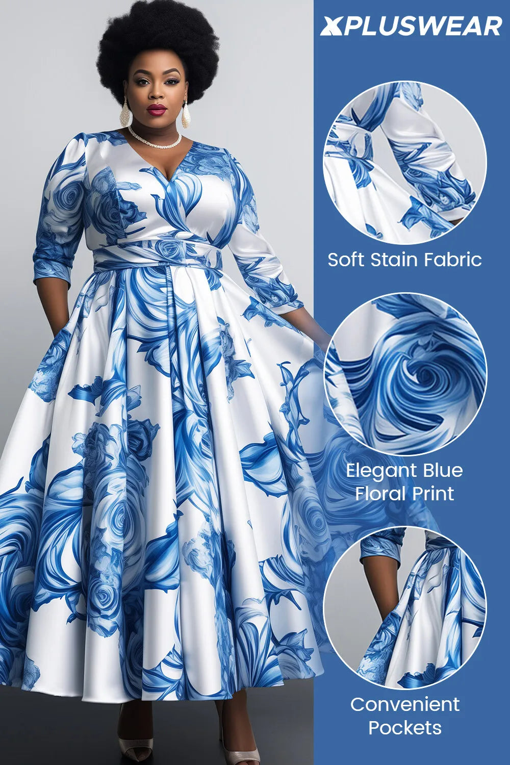 FZ Women's Plus Size Floral V Neck Long Sleeve Pleated Pocket Satin Maxi Dress