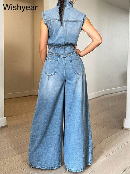 FZ Women's Vintage Loose Denim Wide Leg Pants Jumpsuit