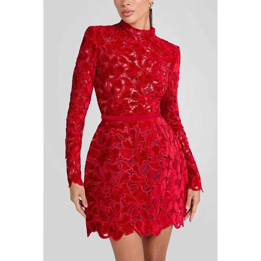 FZ Women's Round Collar Hollow Out Belt Tight Waist Meshed Dress