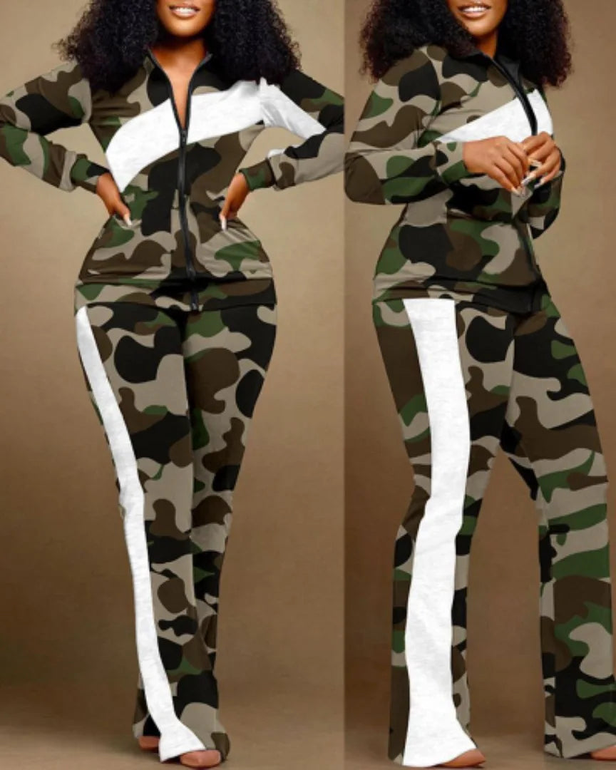 FZ Women's Print Zipper Stand Collar Sheath Full Sleeve Straight Two Piece Pants Suit