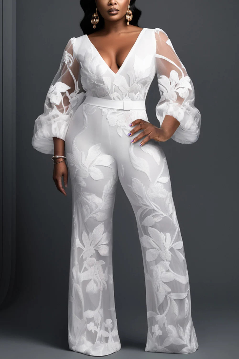 FZ Women's Plus Size V Neck Long Sleeve See Through Jumpsuit