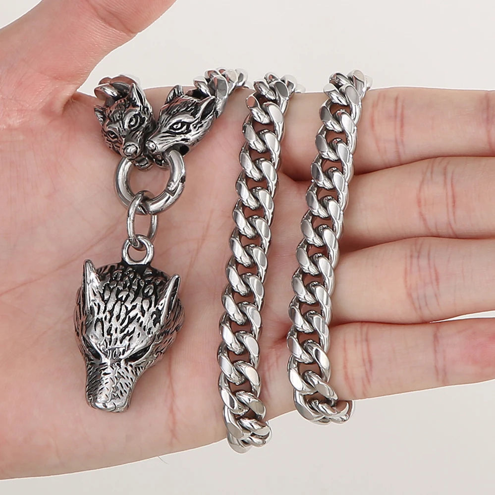 FZ Wolf Head 316L Stainless Steel Cuban Link Pendant Necklace