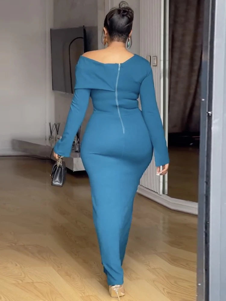 FZ Women's One Shoulder Long Sleeve Front Button Detail  Maxi Evening Dress