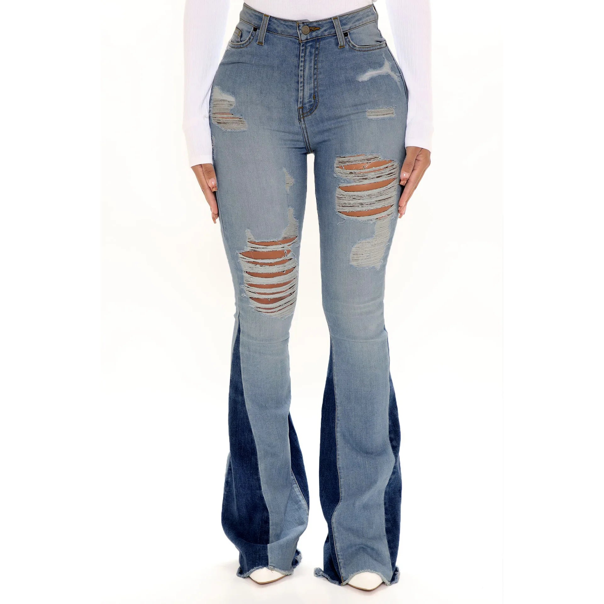 FZ Women's Boot Cut Distressed Ripped Patchwork Mid Waist Vintage Washed Denim pants