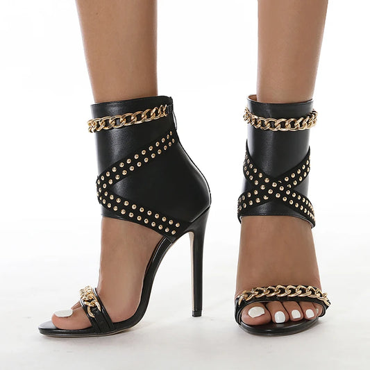 FZ Women's Sexy Rivet Metal Chain Sandals Peep Toe Thin Heel Gladiator Boots - FZwear