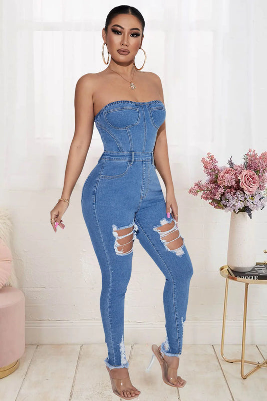 Summer Sexy Ripped Denim Women Jumpsuits Casual Vintage Strapless Stretchy Pants One Piece Streetwear Rompers Jean Playsuits FZwear