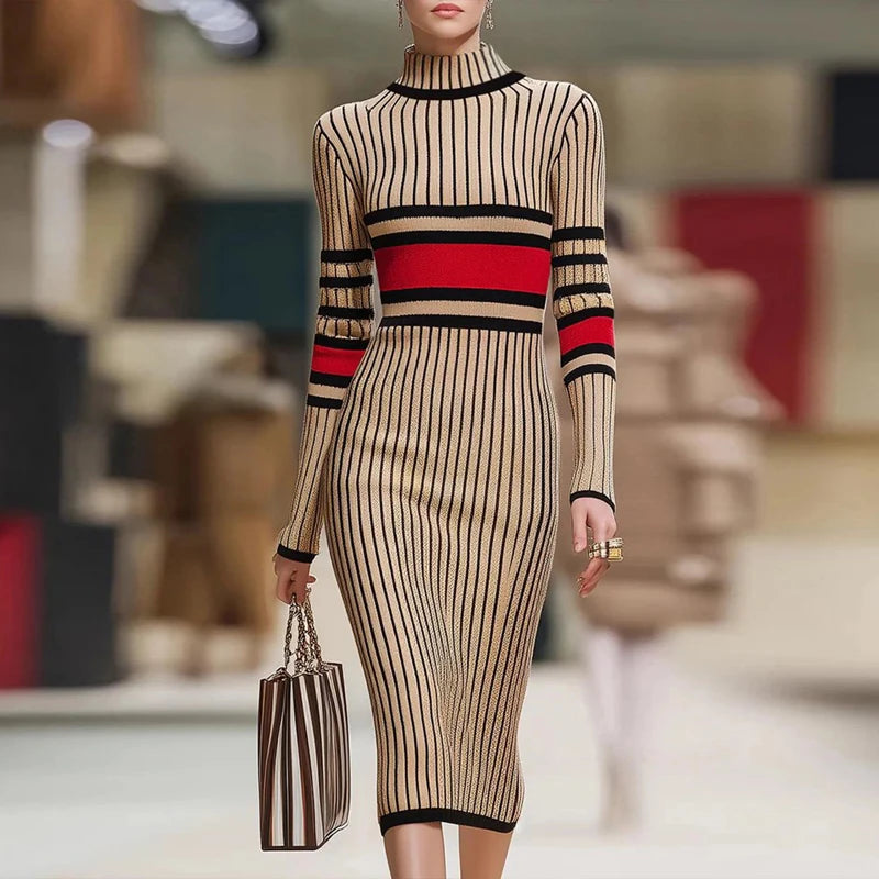 FZ Women's Striped High Neck Midi Knitting Dress