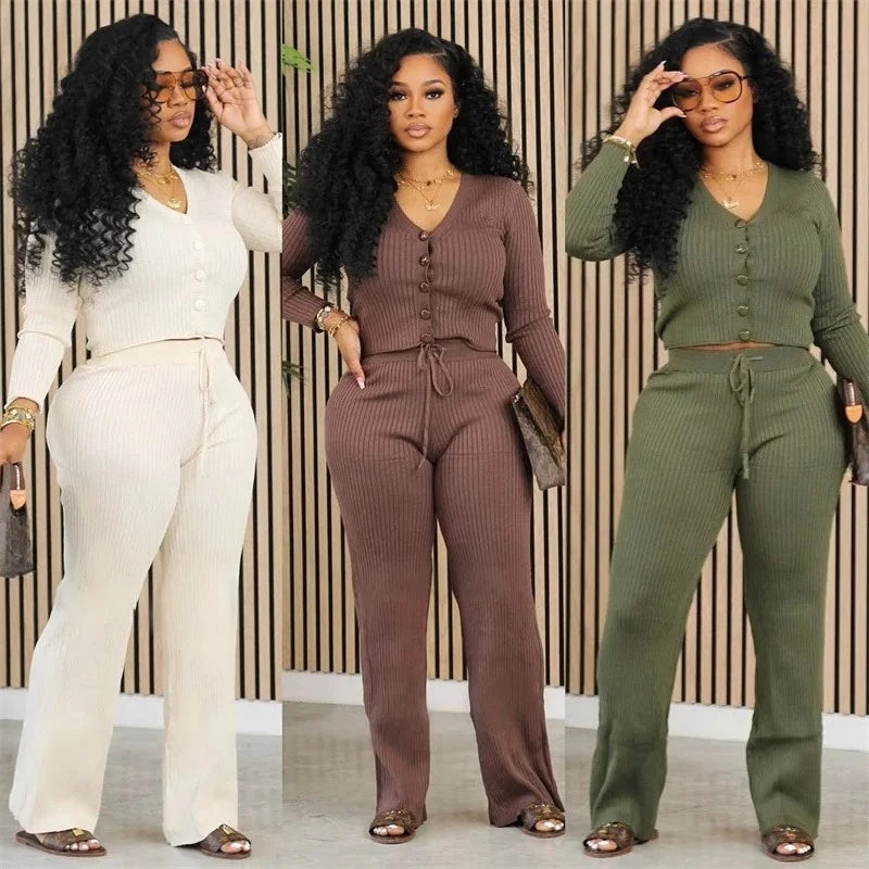 FZ Women's Solid Ribbed Knitted Long Sleeve Button 2 Piece Sets Pants Suit