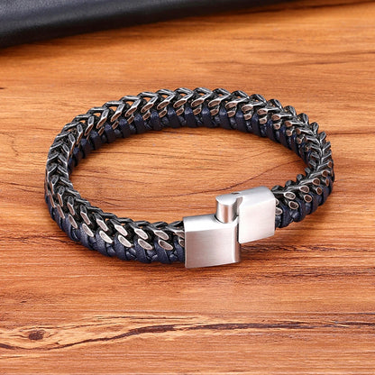 FZ Fashion Stainless Steel Double Chain Braid Leather Bracelet