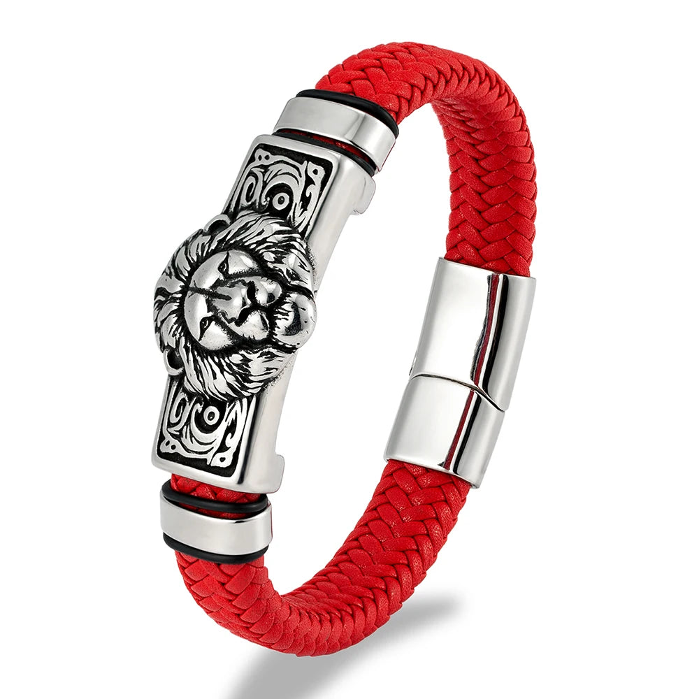 FZ Punk Lion Braided Genuine Leather Stainless Steel Magnetic Buckle Bracelet