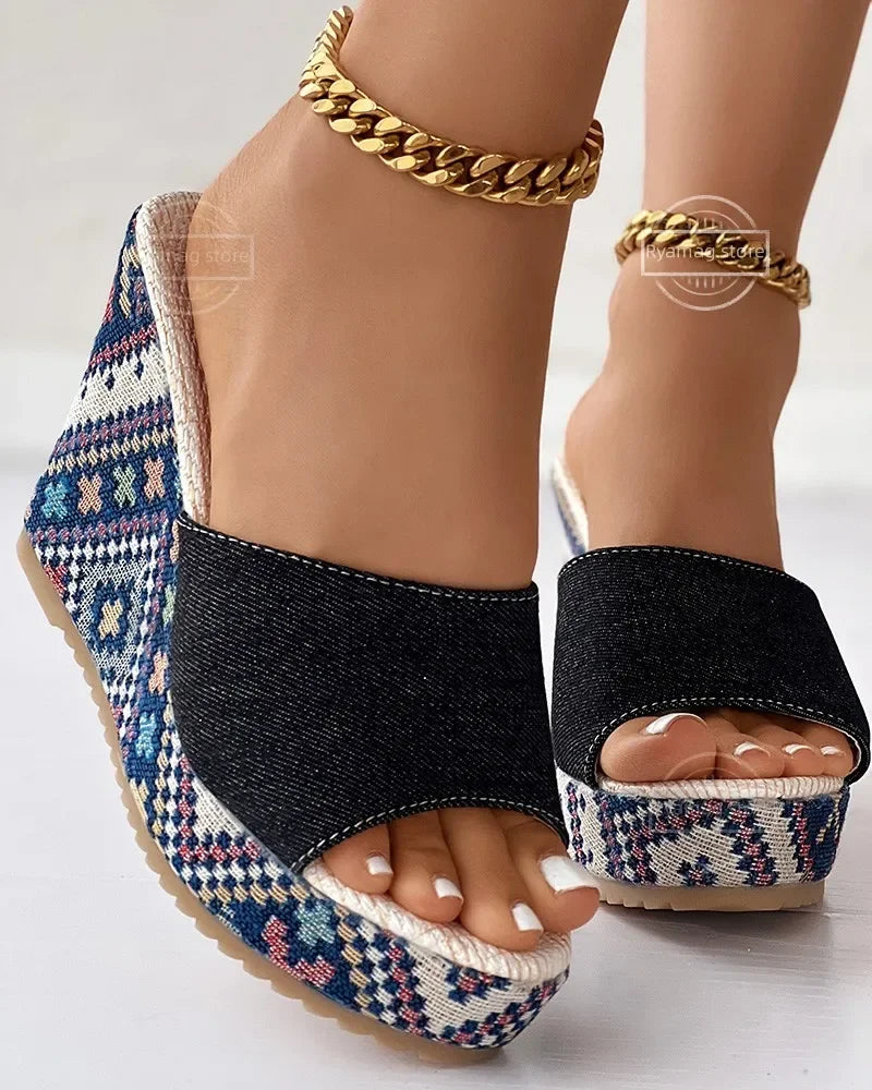FZ Women's Aztec Geometric Peep Toe Platform Wedge Shoes - FZwear